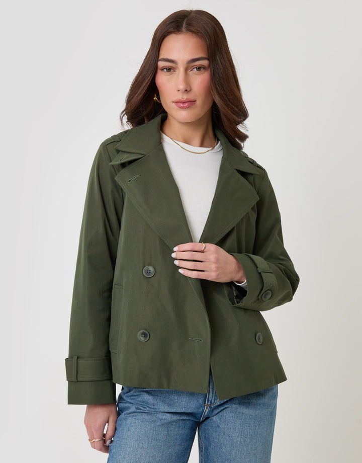 Threadbare Funnel Neck Short Trench Coat in Khaki - front view