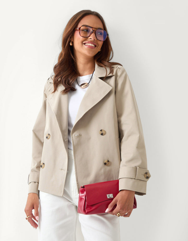 Threadbare Funnel Neck Short Trench Coat in Stone - front view