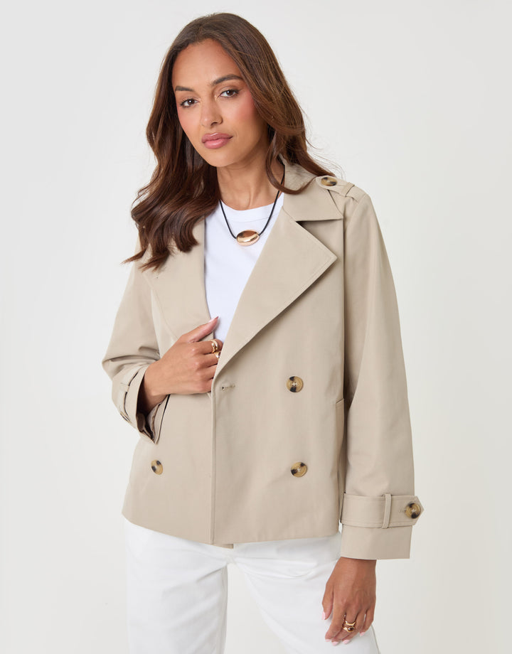 Threadbare Funnel Neck Short Trench Coat in Stone - front view