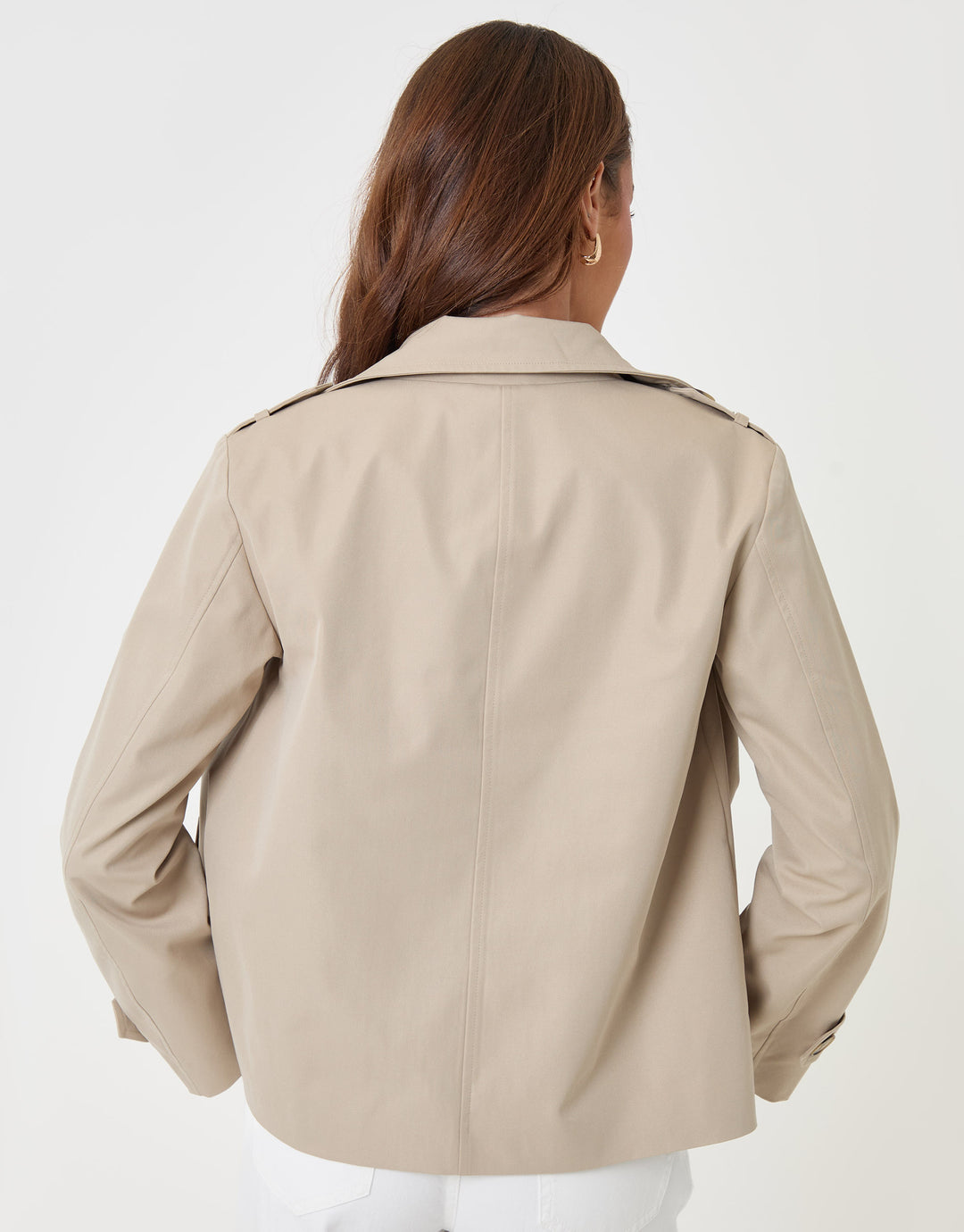 Threadbare Funnel Neck Short Trench Coat in Stone - back view