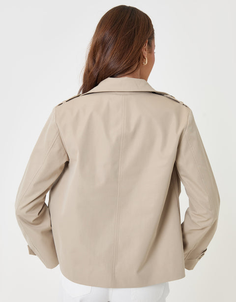 Threadbare Funnel Neck Short Trench Coat in Stone - back view