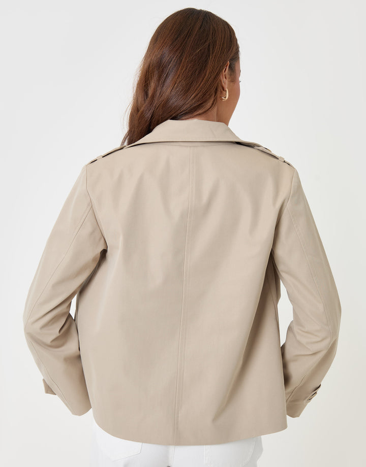Threadbare Funnel Neck Short Trench Coat in Stone - back view