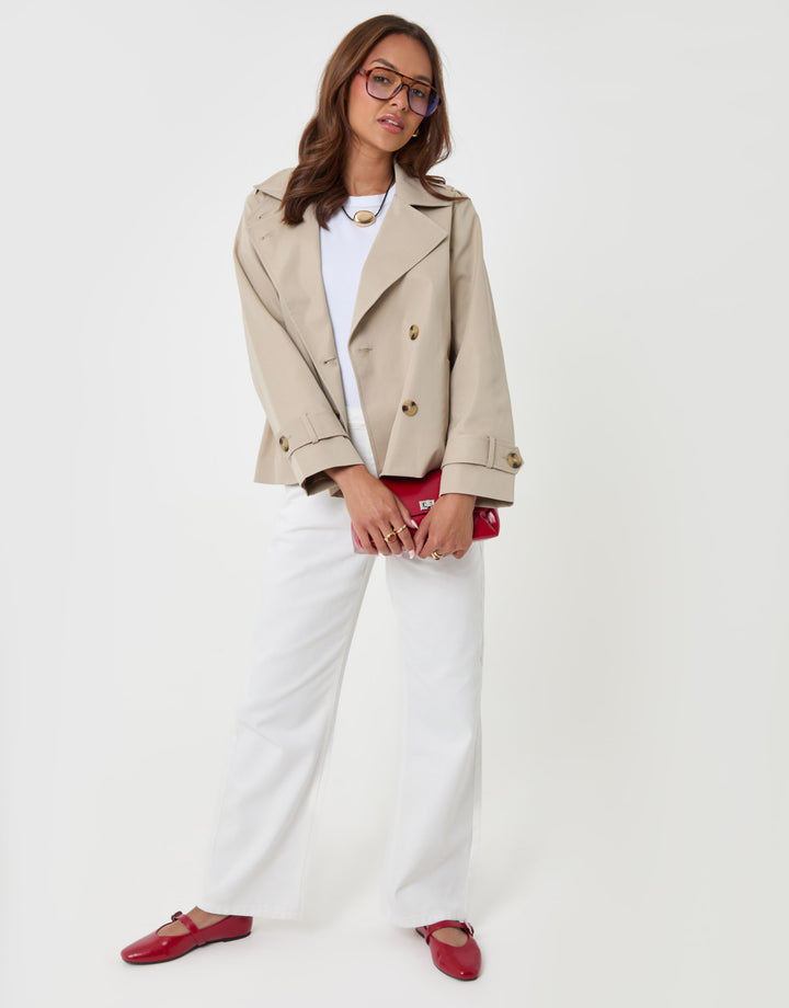 Threadbare Funnel Neck Short Trench Coat in Stone - full body
