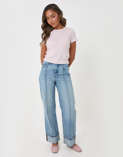 Threadbare Wide Leg Turn Up Jeans in Light Wash - full body