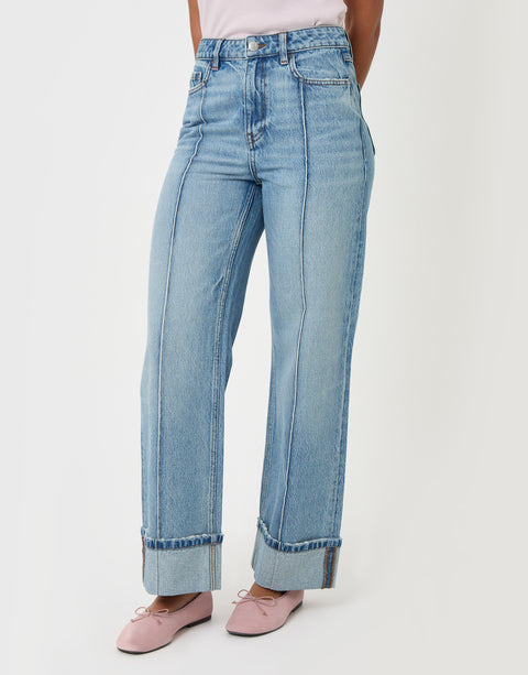 Threadbare Wide Leg Turn Up Jeans in Light Wash - front view