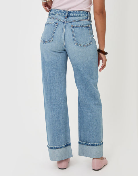 Threadbare Wide Leg Turn Up Jeans in Light Wash - back view