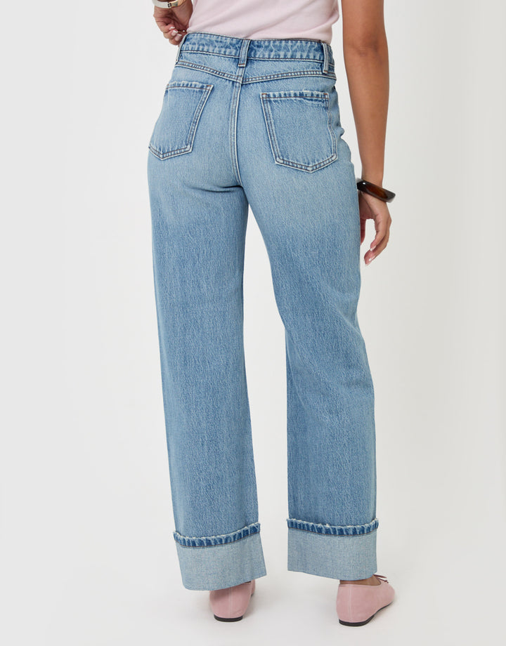 Threadbare Wide Leg Turn Up Jeans in Light Wash - back view