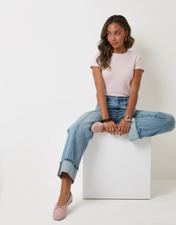 Threadbare Wide Leg Turn Up Jeans in Light Wash - sat down