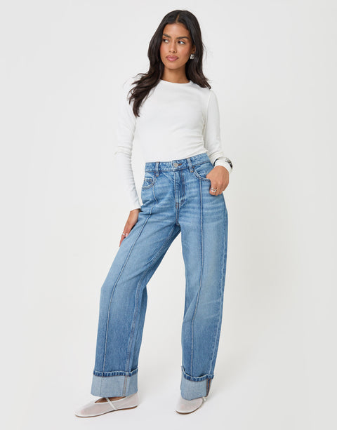 Threadbare Wide Leg Turn Up Jeans in Mid Wash - full body