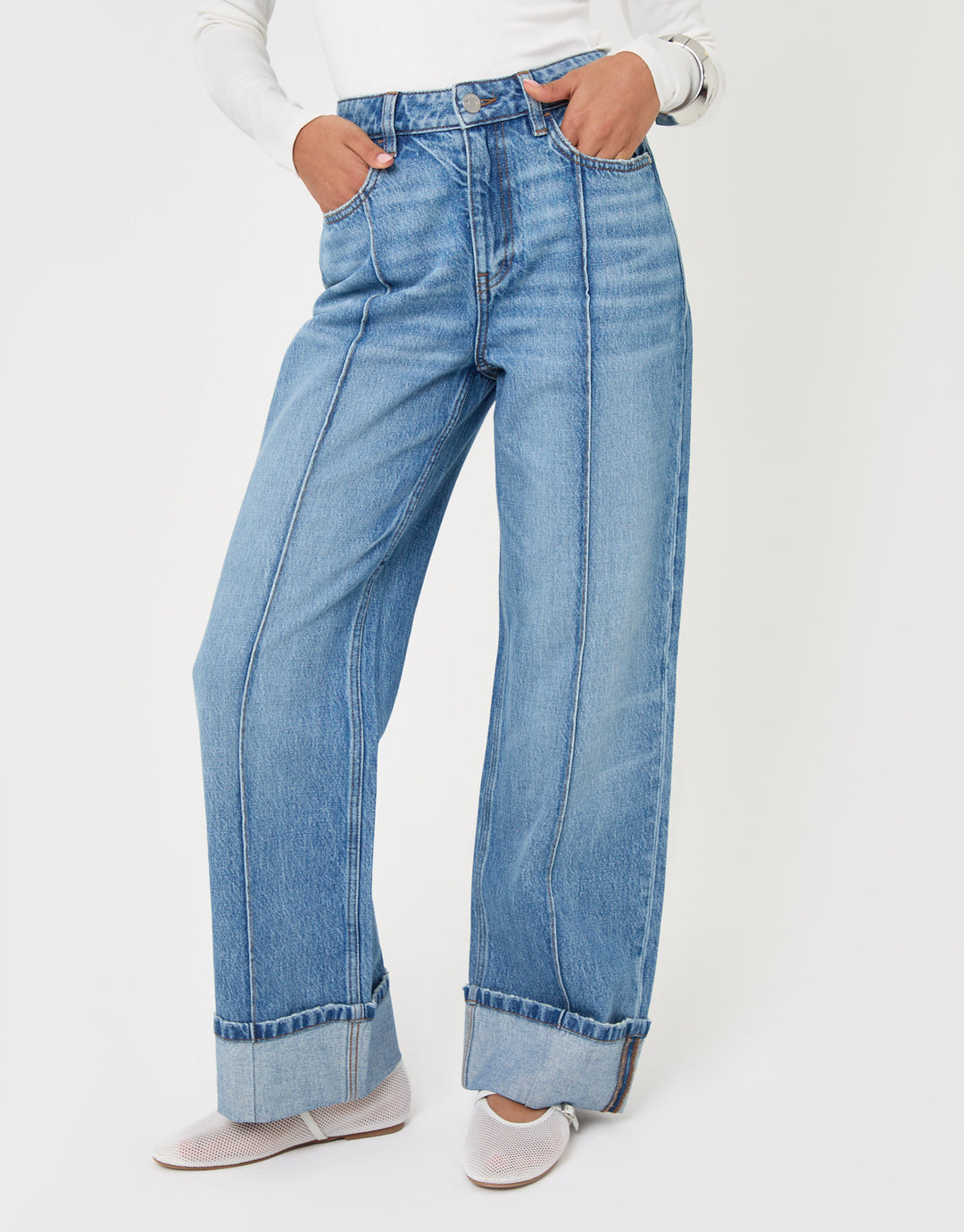 Threadbare Petite Wide Leg Turn Up Jeans in Mid Wash - front view