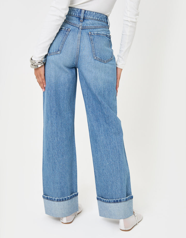 Threadbare Wide Leg Turn Up Jeans in Mid Wash - back view