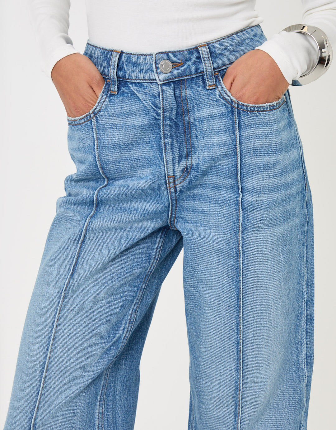 Threadbare Wide Leg Turn Up Jeans in Mid Wash - close up
