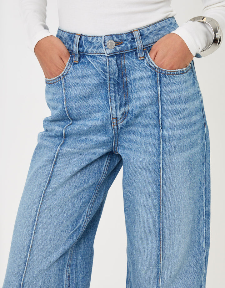 Threadbare Wide Leg Turn Up Jeans in Mid Wash - close up