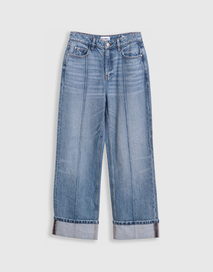 Wide Leg Turn Up Jeans in Mid Wash