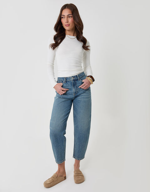 Threadbare Tie Belt Barrel Leg Jeans in Mid Wash - full body