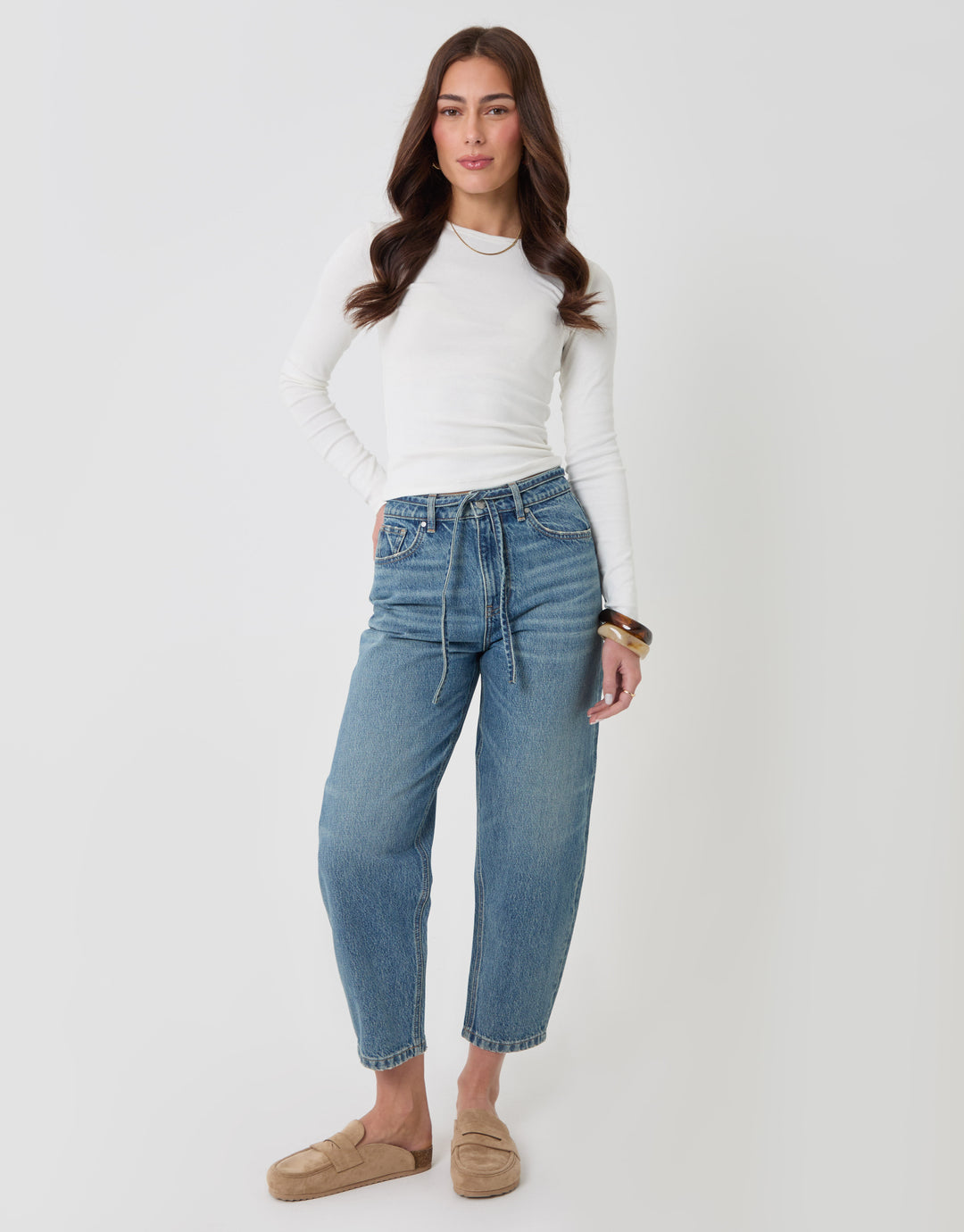 Threadbare Petite Tie Belt Barrel Leg Jeans in Mid Wash - front view 2