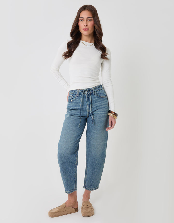 Threadbare Petite Tie Belt Barrel Leg Jeans in Mid Wash - front view 2