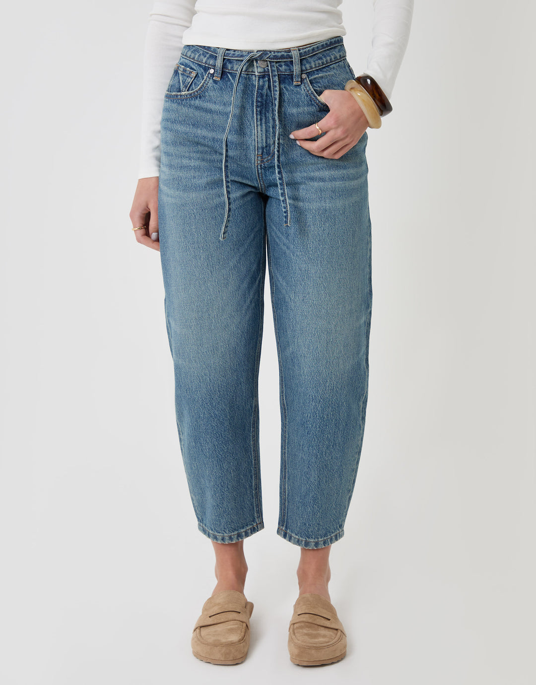 Threadbare Petite Tie Belt Barrel Leg Jeans in Mid Wash - front view waist down