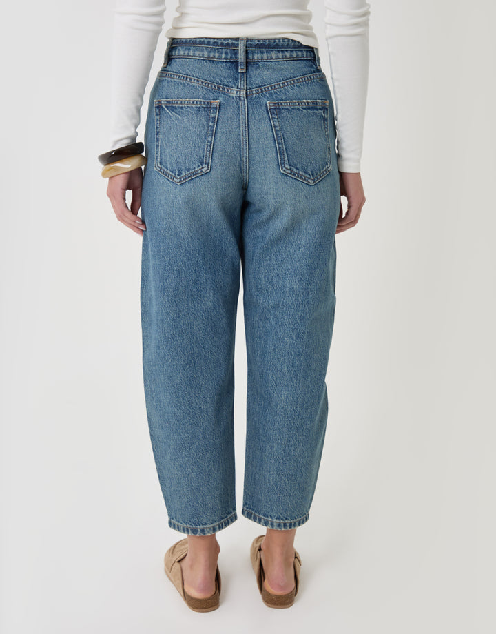 Threadbare Petite Tie Belt Barrel Leg Jeans in Mid Wash - back view