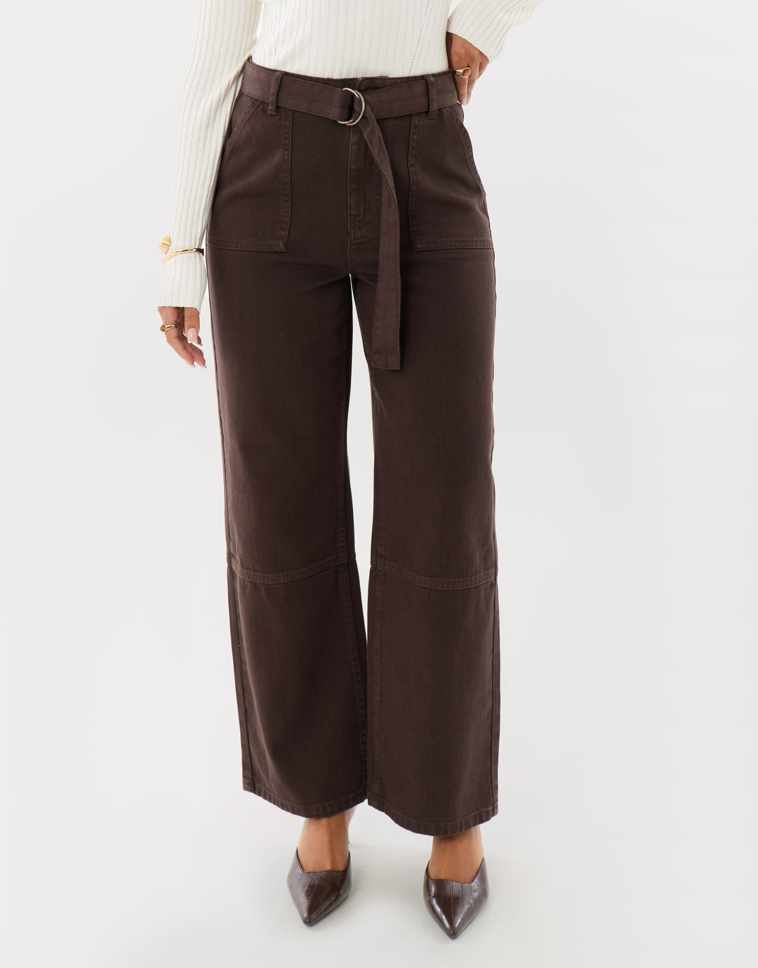 High Waisted Cargo Jeans with Belt in Chocolate Brown