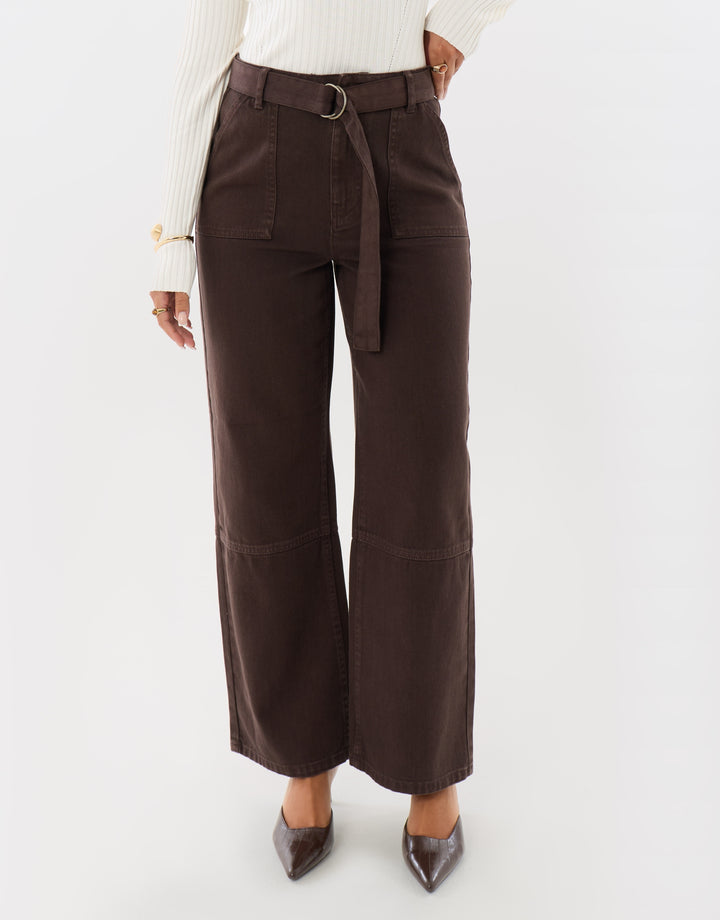 High Waisted Cargo Jeans with Belt in Chocolate Brown