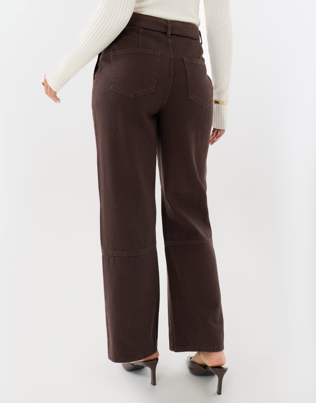 High Waisted Cargo Jeans with Belt in Chocolate Brown