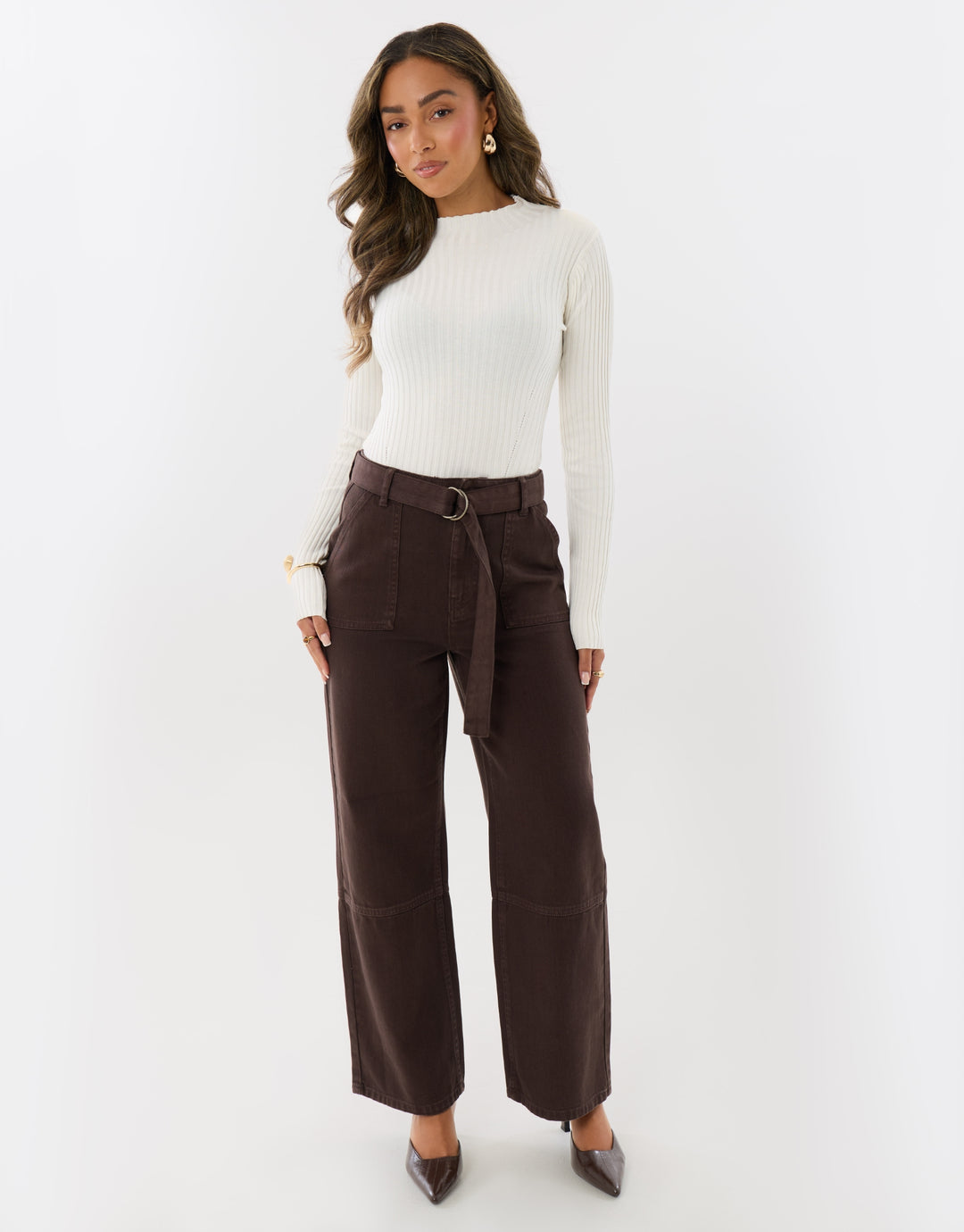 High Waisted Cargo Jeans with Belt in Chocolate Brown