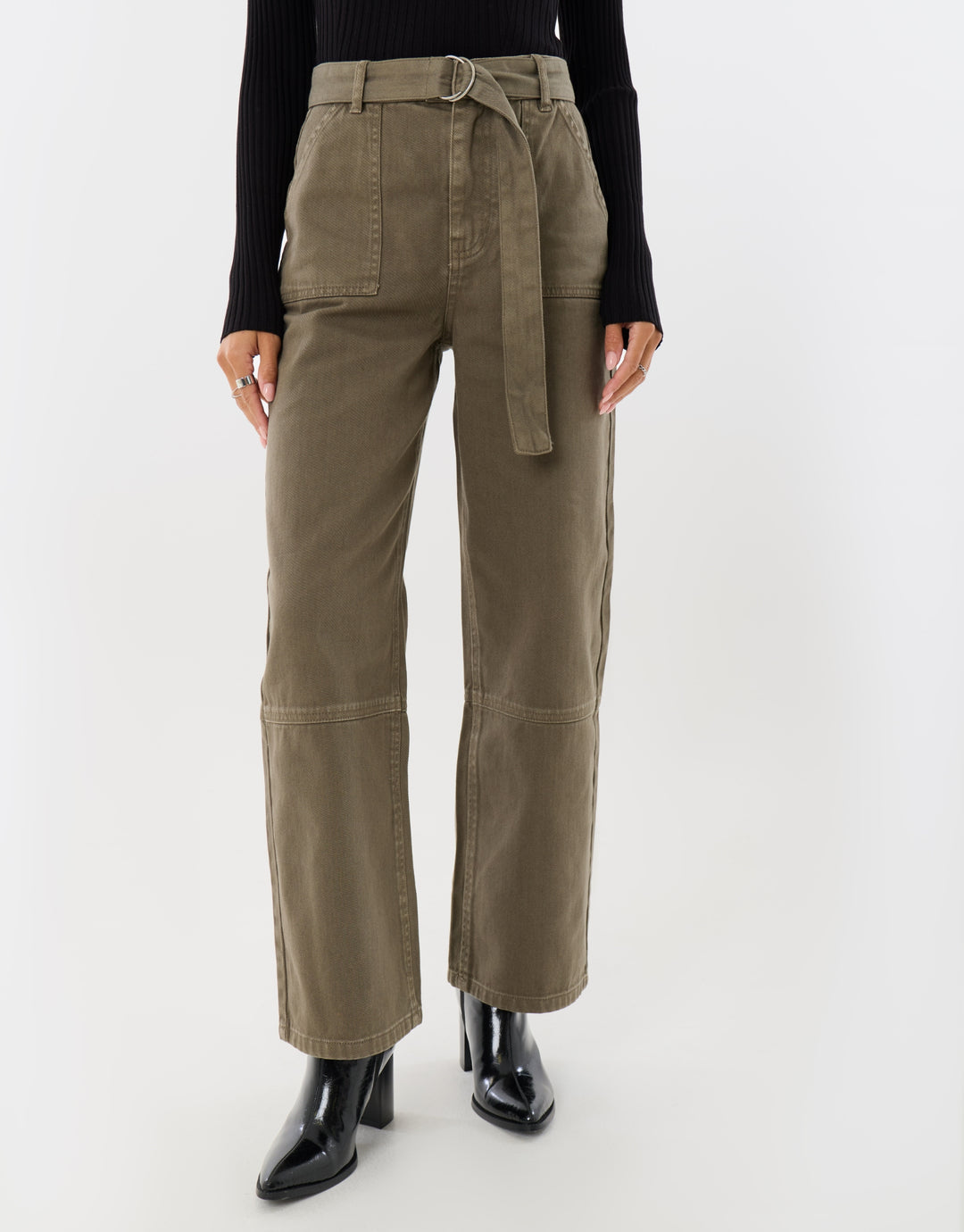 High Waisted Cargo Jeans with Belt in Khaki