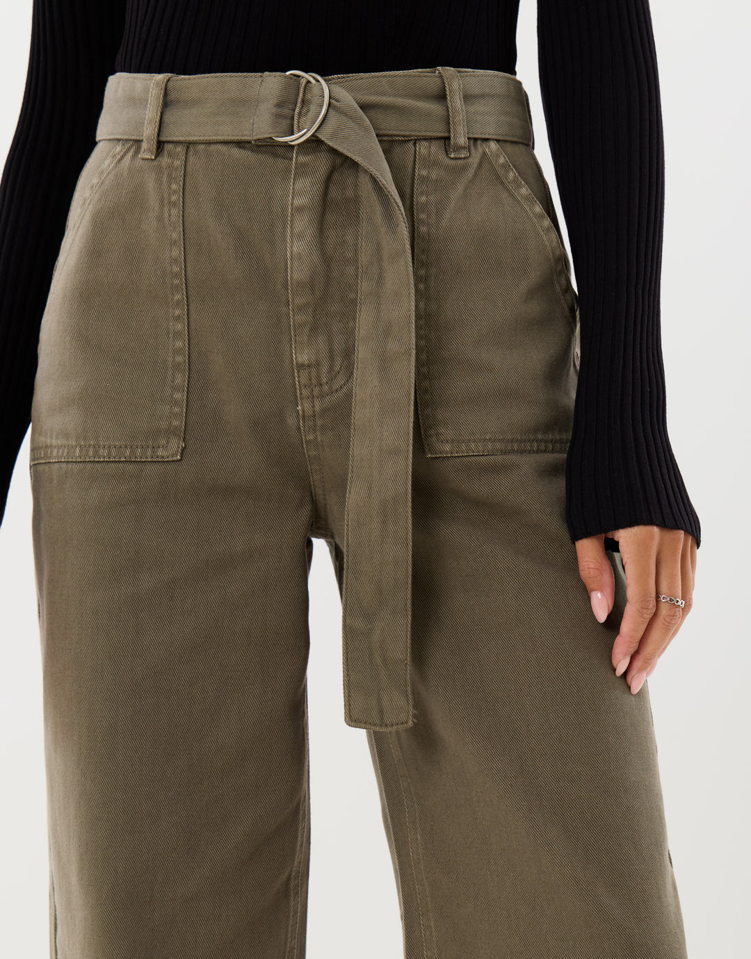 High Waisted Cargo Jeans with Belt in Khaki