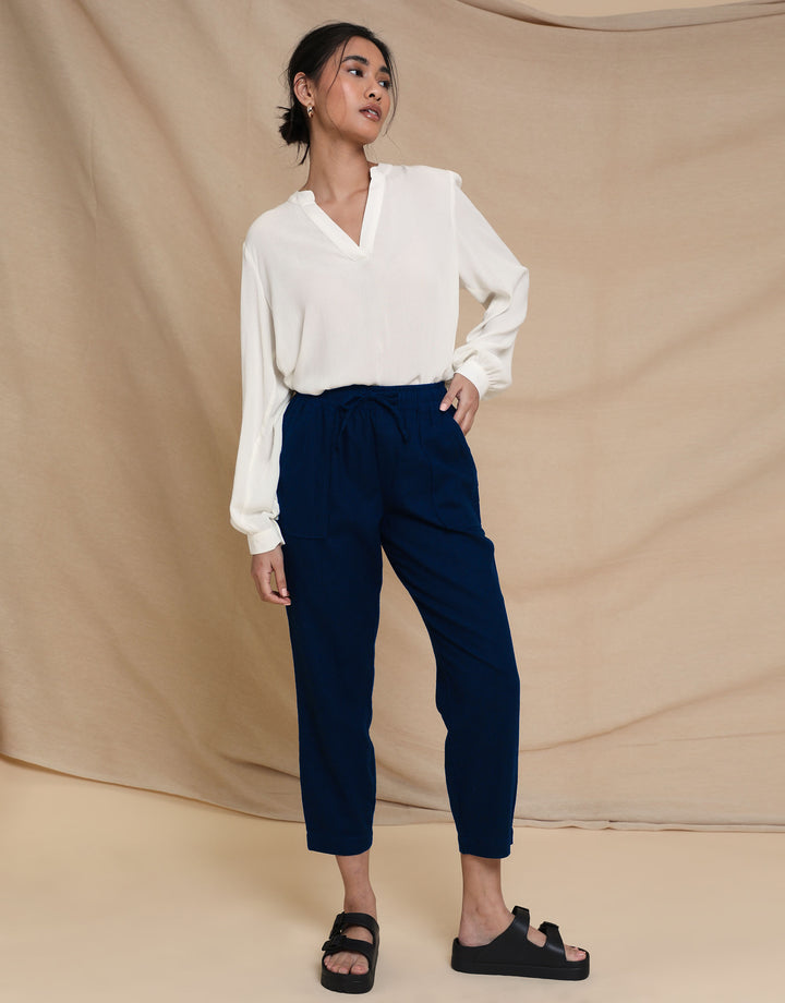 Petite Navy Linen Blend Drawstring Trousers