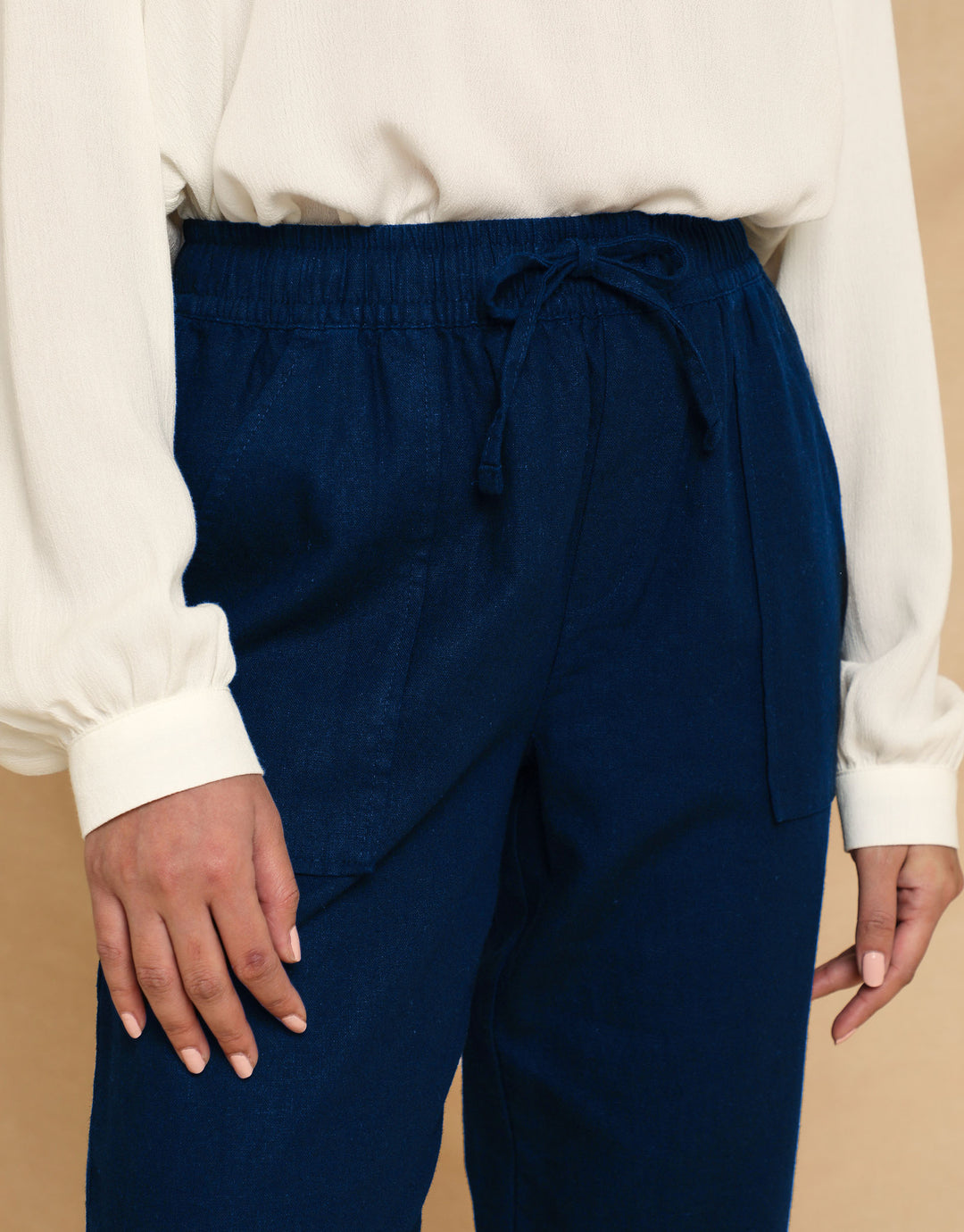 Petite Navy Linen Blend Drawstring Trousers