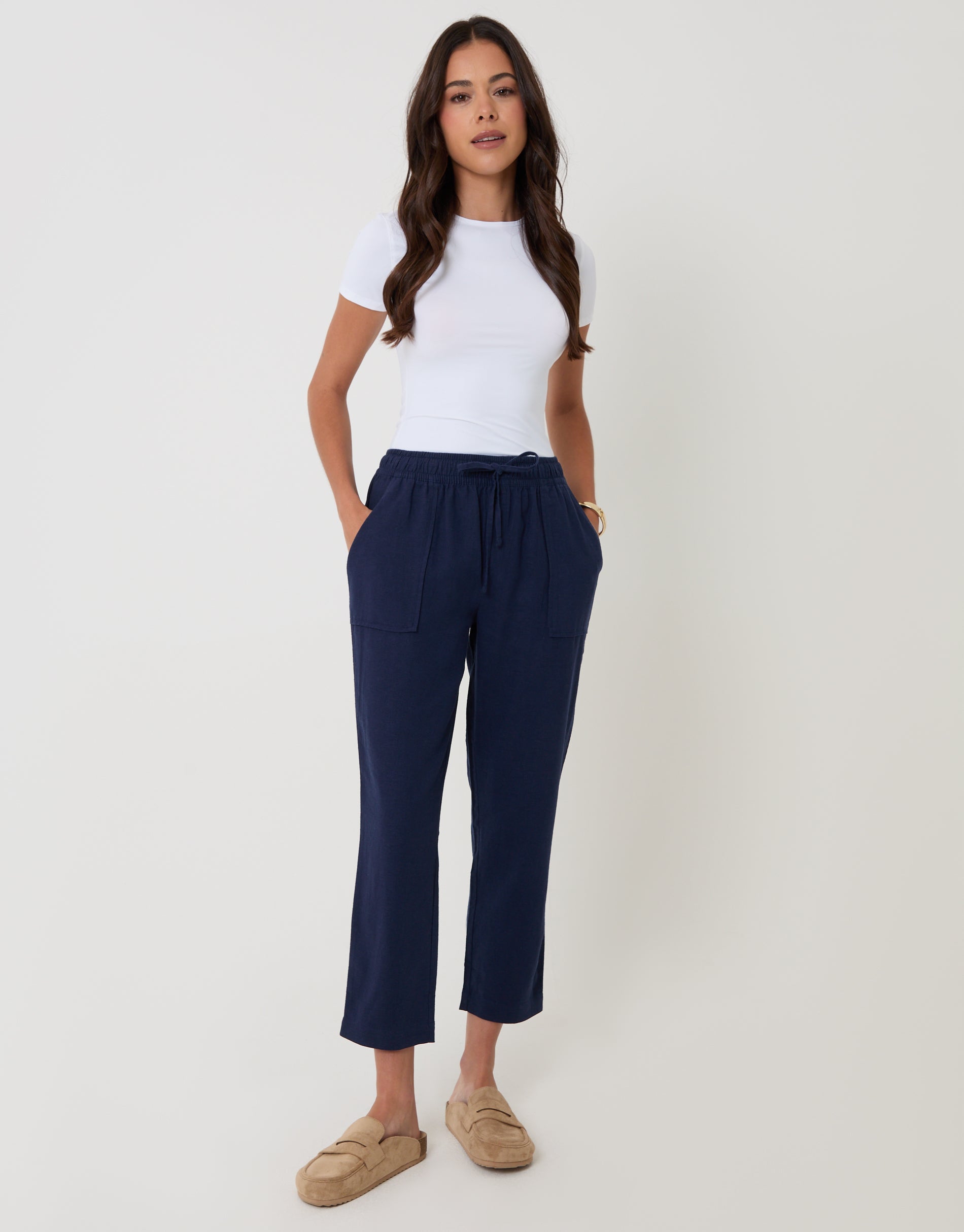 Linen Blend Drawstring Trousers in Navy