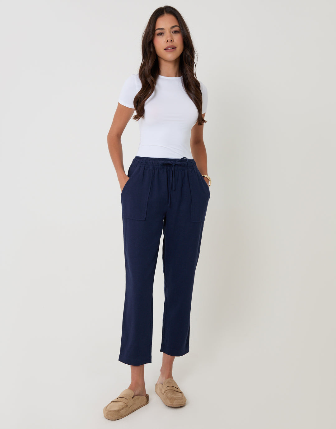 Threadbare Linen Blend Drawstring Trousers in Navy - full body
