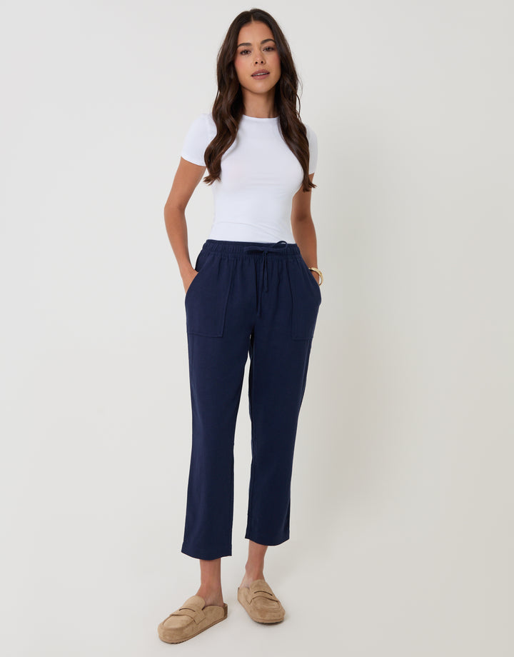 Threadbare Linen Blend Drawstring Trousers in Navy - full body