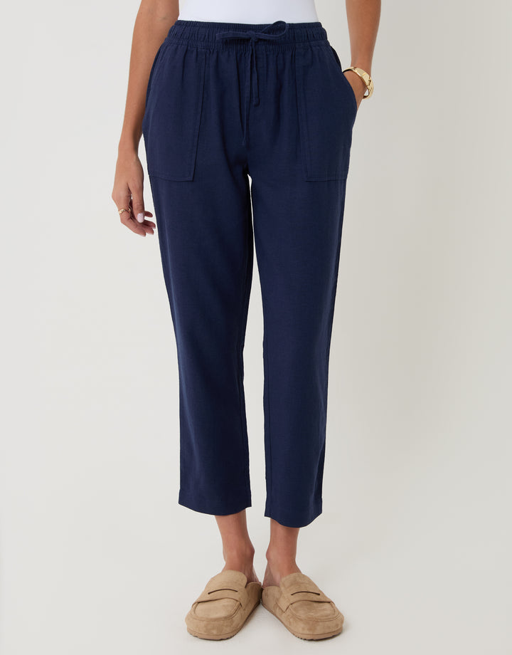 Threadbare Petite Linen Blend Drawstring Trousers in Navy - front view