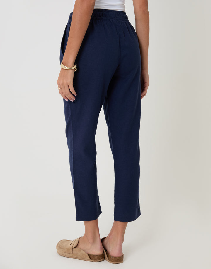 Threadbare Linen Blend Drawstring Trousers in Navy - back view