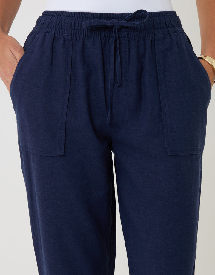 Threadbare Petite Linen Blend Drawstring Trousers in Navy - waistband close up