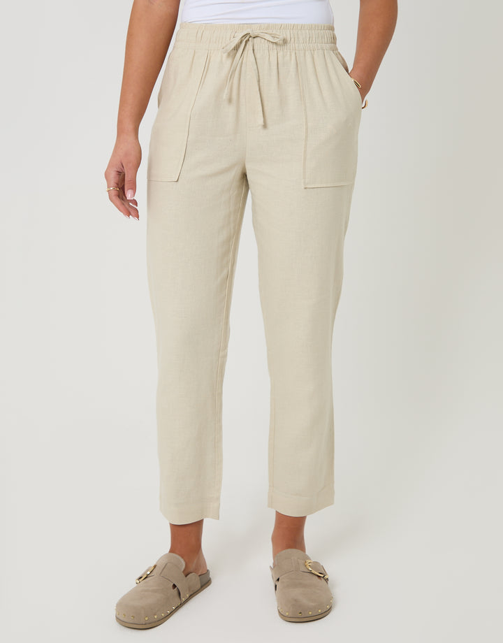 Threadbare Petite Linen Blend Drawstring Trousers in Stone - front view