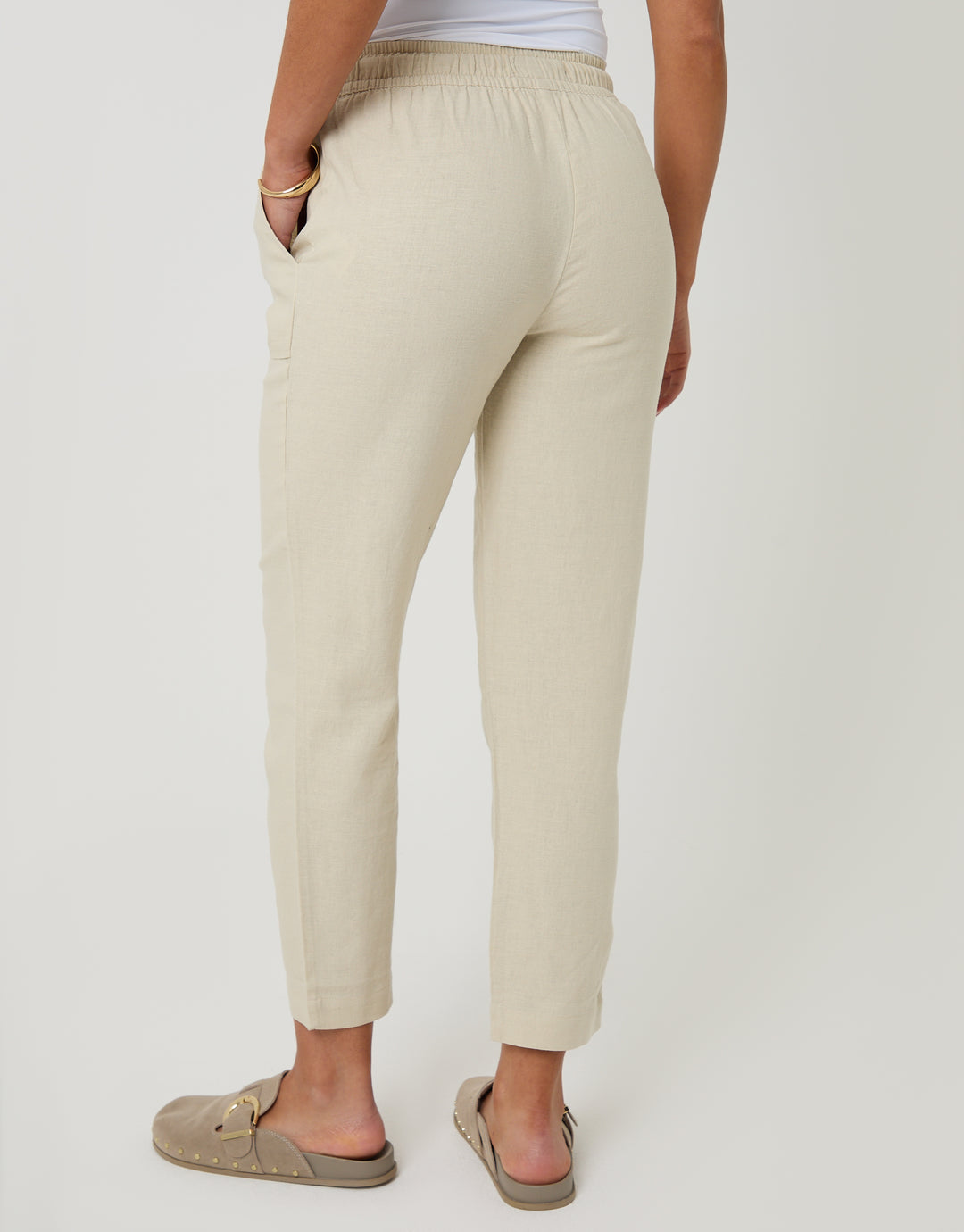 Threadbare Linen Blend Drawstring Trousers in Stone - back view