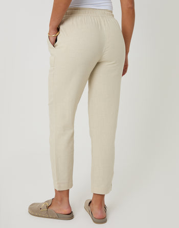 Threadbare Linen Blend Drawstring Trousers in Stone - back view