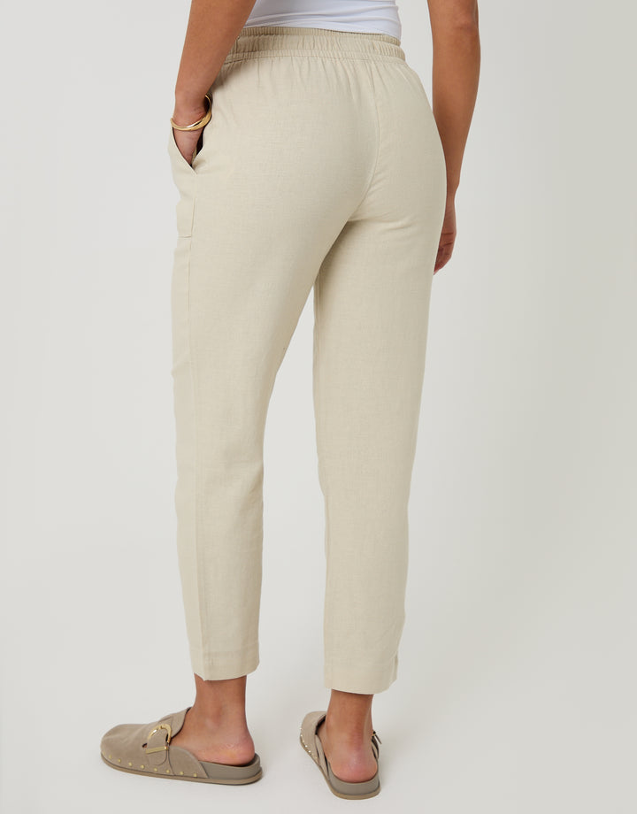 Threadbare Petite Linen Blend Drawstring Trousers in Stone - back view