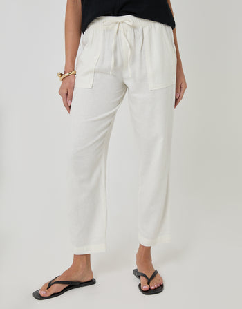 Threadbare Linen Blend Drawstring Trousers in White - front view