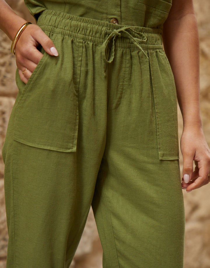 Olive Green Linen Blend Drawstring Trousers