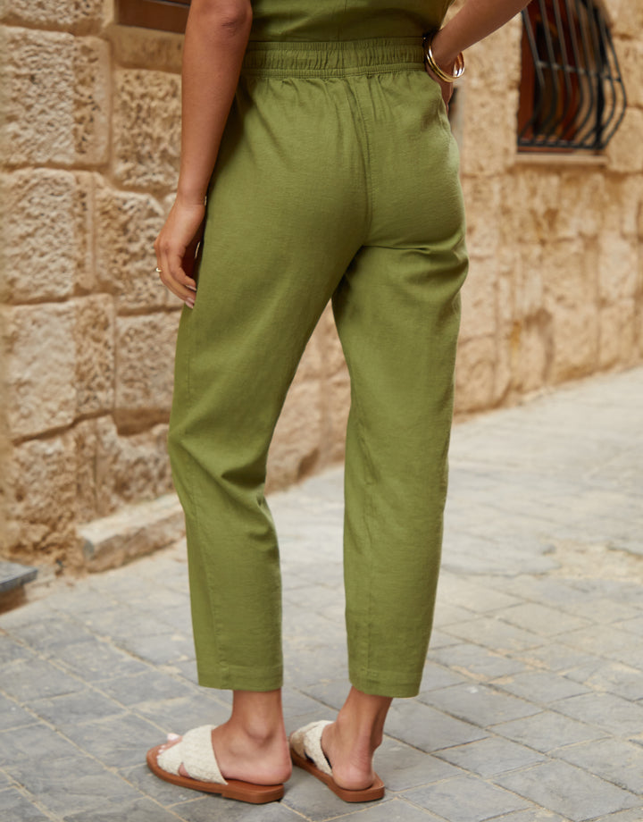 Olive Green Linen Blend Drawstring Trousers