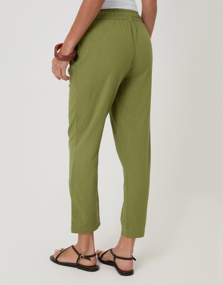Olive Green Linen Blend Drawstring Trousers