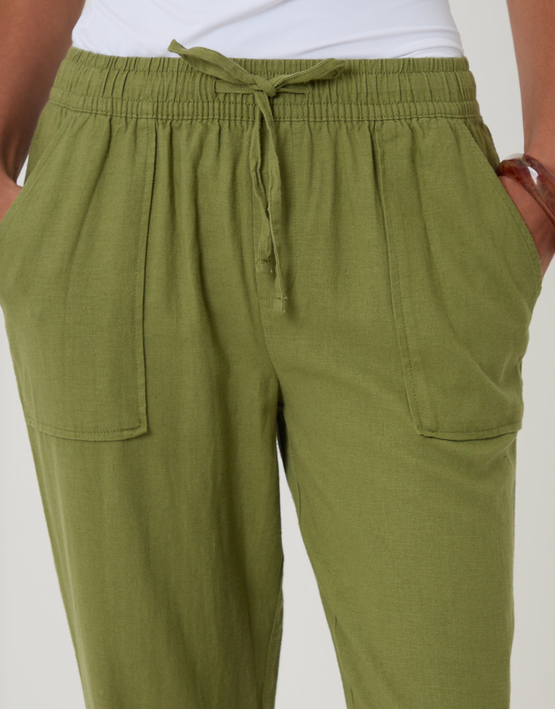 Olive Green Linen Blend Drawstring Trousers