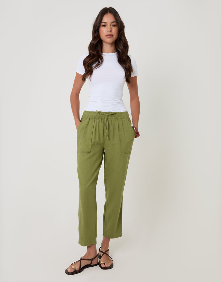 Olive Green Linen Blend Drawstring Trousers