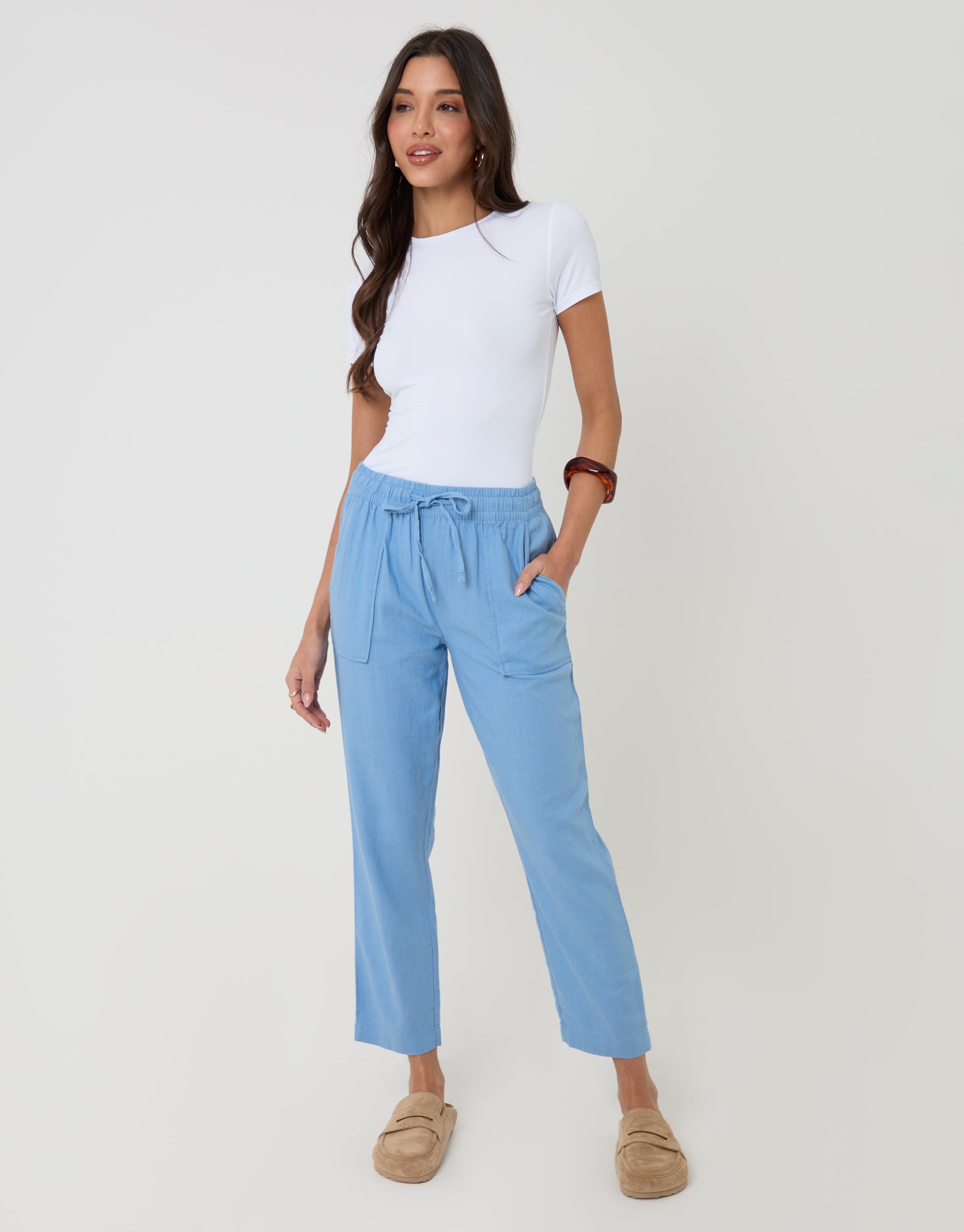 Linen Blend Drawstring Trousers in Blue