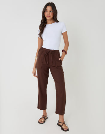 Threadbare Linen Blend Drawstring Trousers in Chocolate Brown - T-shirt pairing