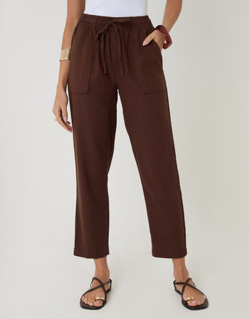 Threadbare Linen Blend Drawstring Trousers in Chocolate Brown - front view